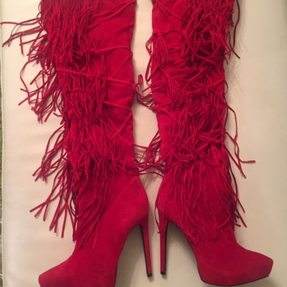 Bella Luna Red Thigh High Fringe Boots Size 8 NEW